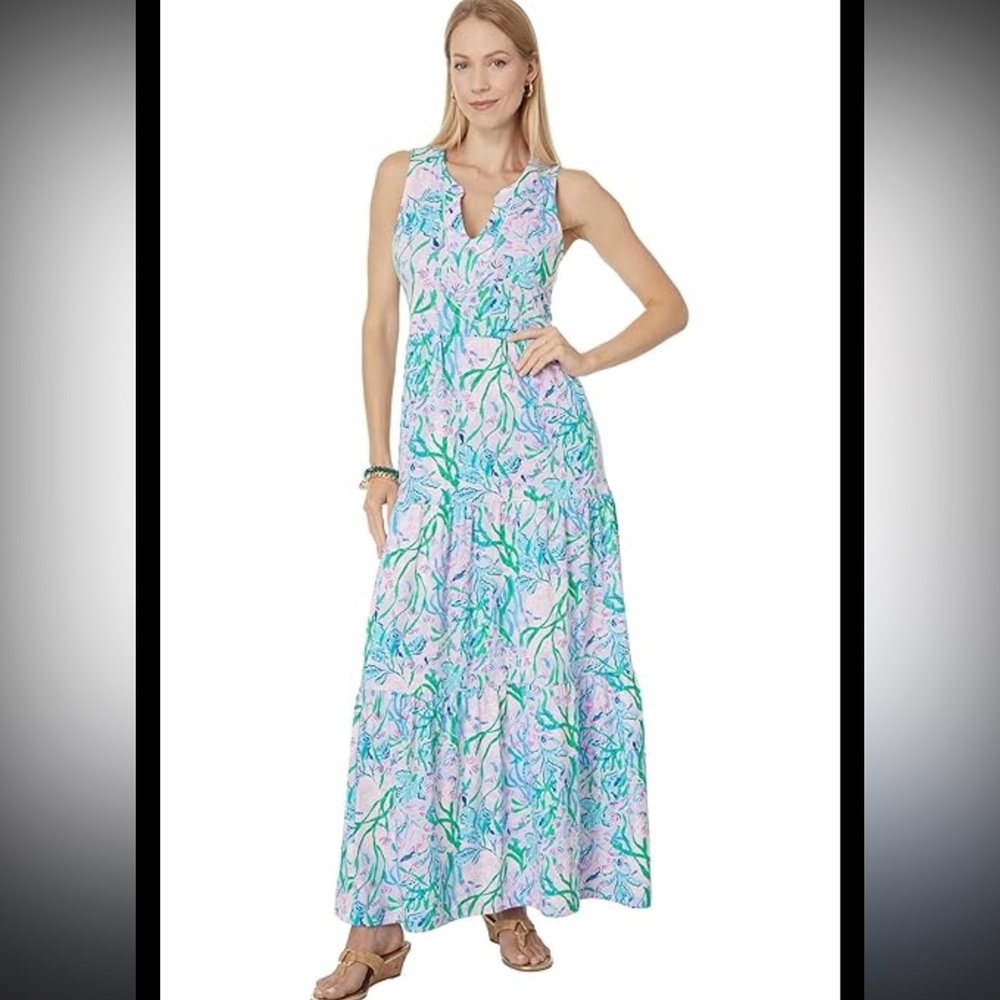 NWT sz Med Lilly Pulitzer Sydnee Maxi Dress in Seacret Escape 100% Pima Cotton